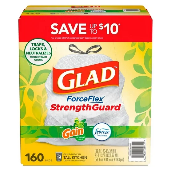 Glad ForceFlex 13 Gallon Garbage Bags with Gain + Febreze, 160 Count